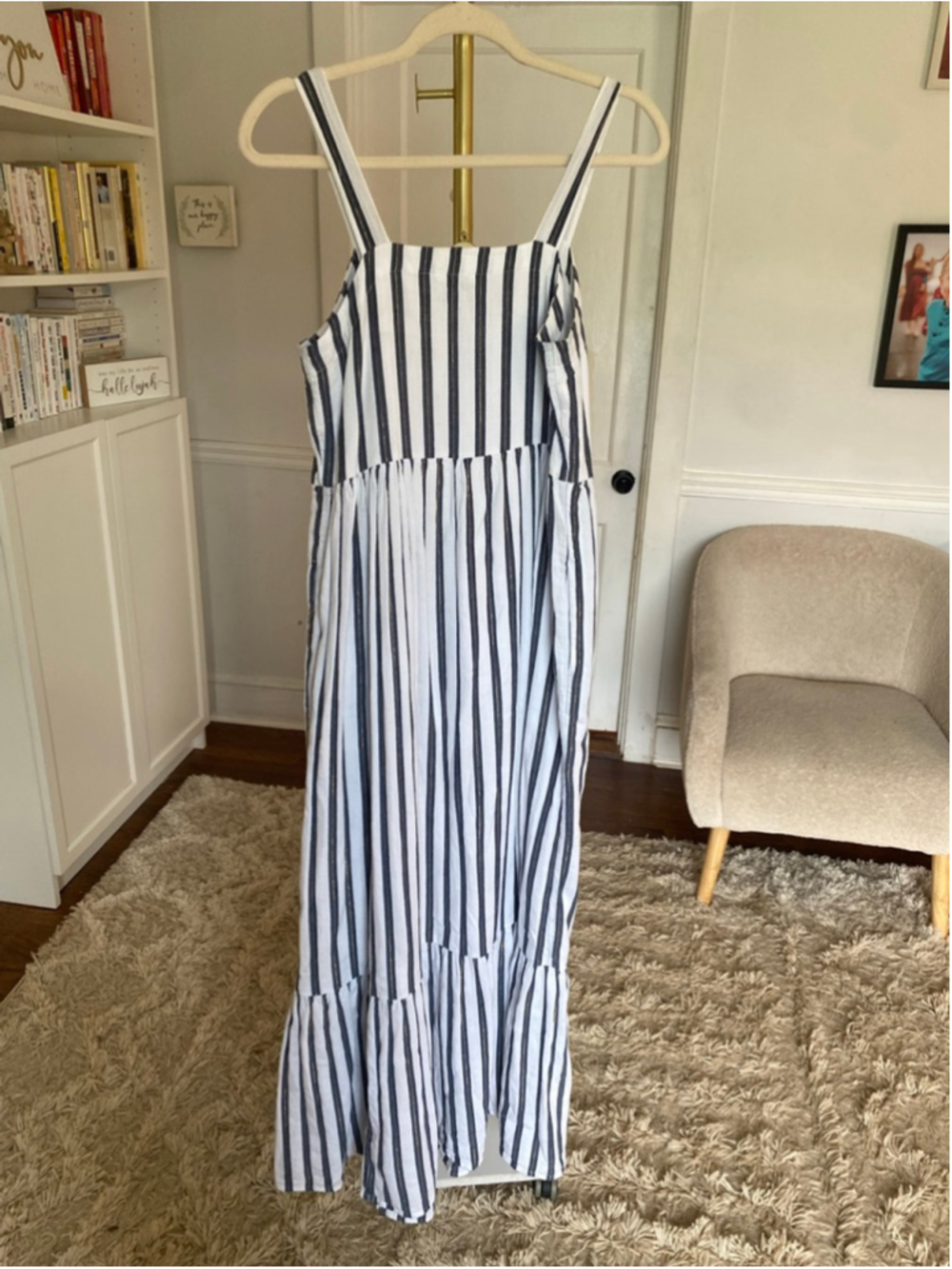 Crown & Ivy Maxi Dress White Navy Gold Stripe Cotton Coastal Resort 4th of July - Picture 3 of 8